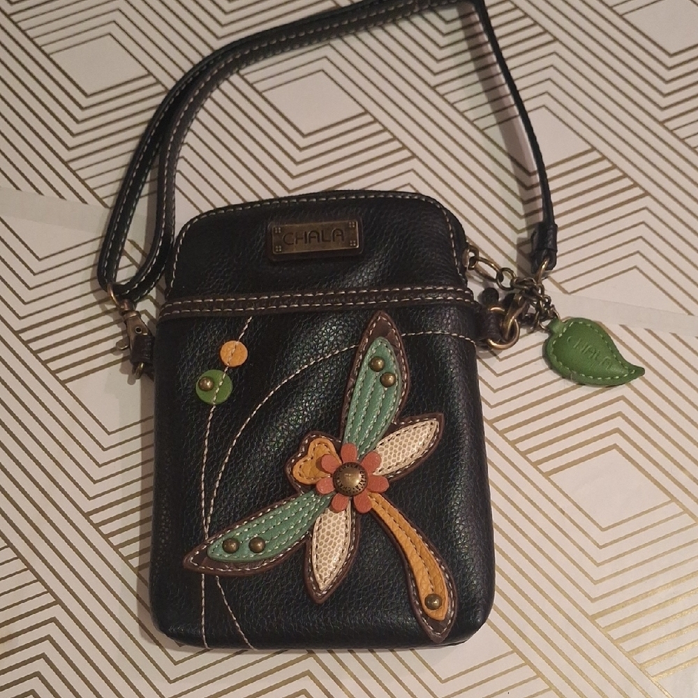 Chala Black Crossbody Bag with Green and Tan Dragonfly